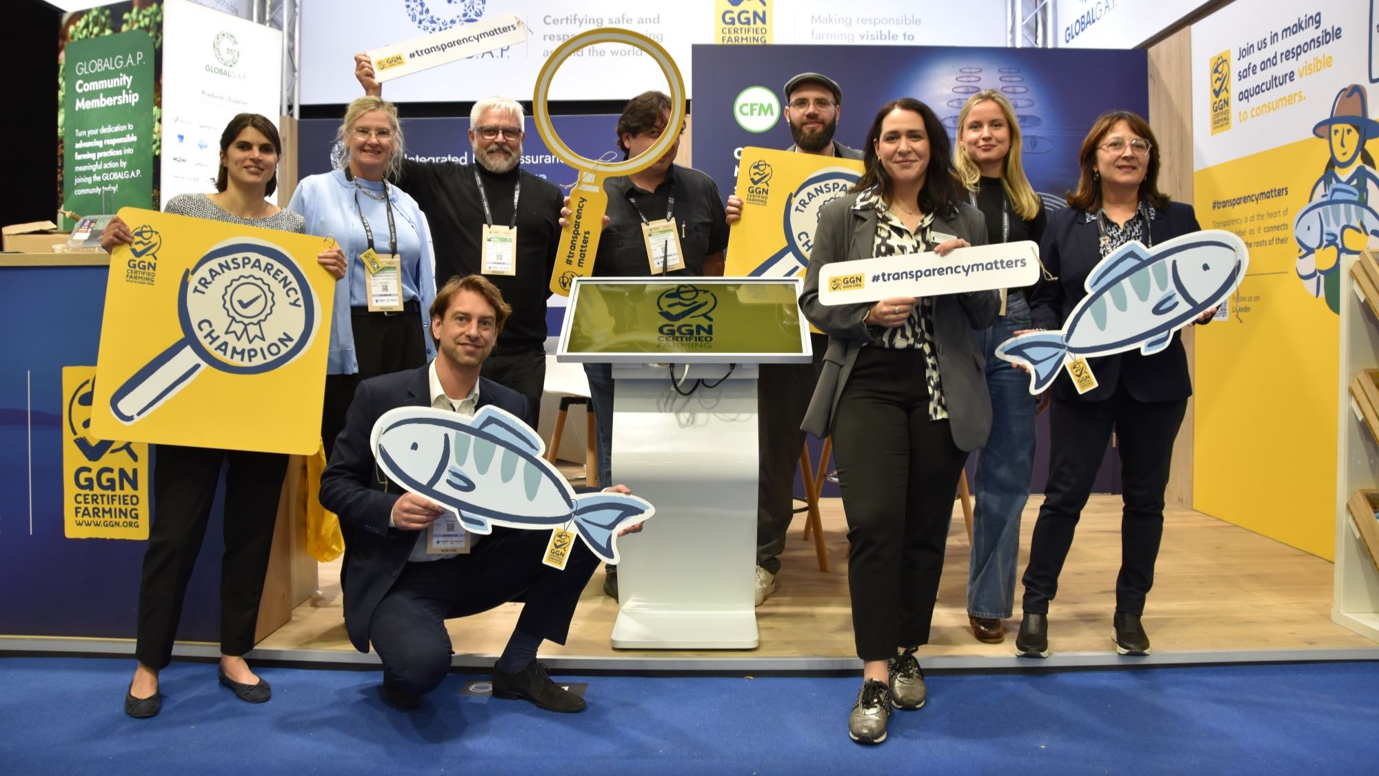 The team celebrates at the GLOBALG.A.P. and GGN label booth at the 30th Seafood Expo Global tradefair, held in Barcelona 23–25 April 2024. 